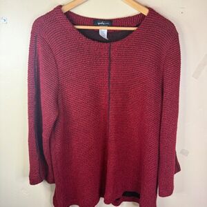 Yushi Yo-shi Red Knit Sweater Top‎ 3/4 Sleeve Textured Cotton Blend XL USA Made
